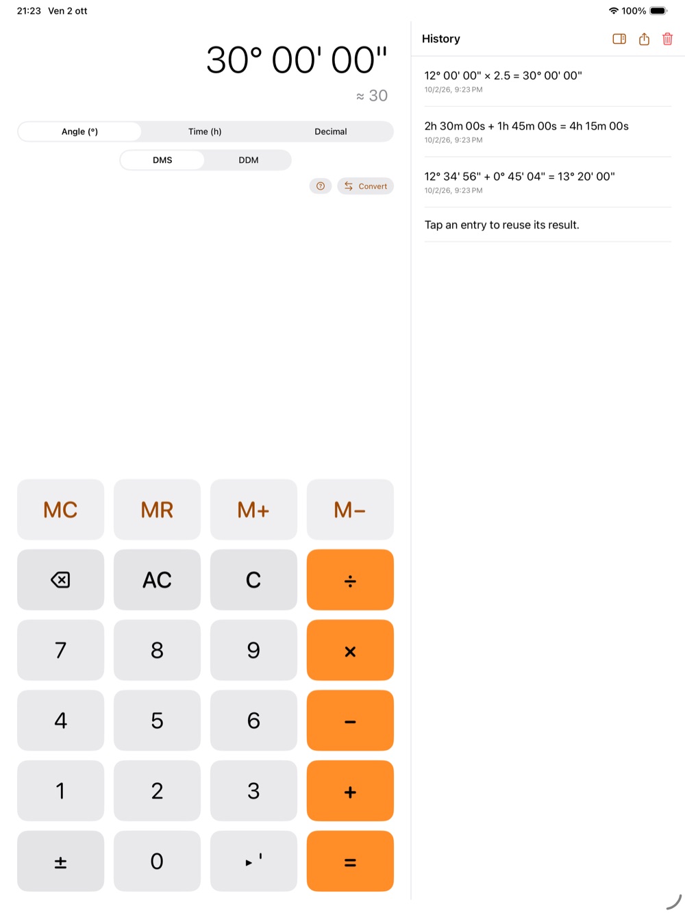 Sessagesimale on iPad with the calculation history shown beside the calculator