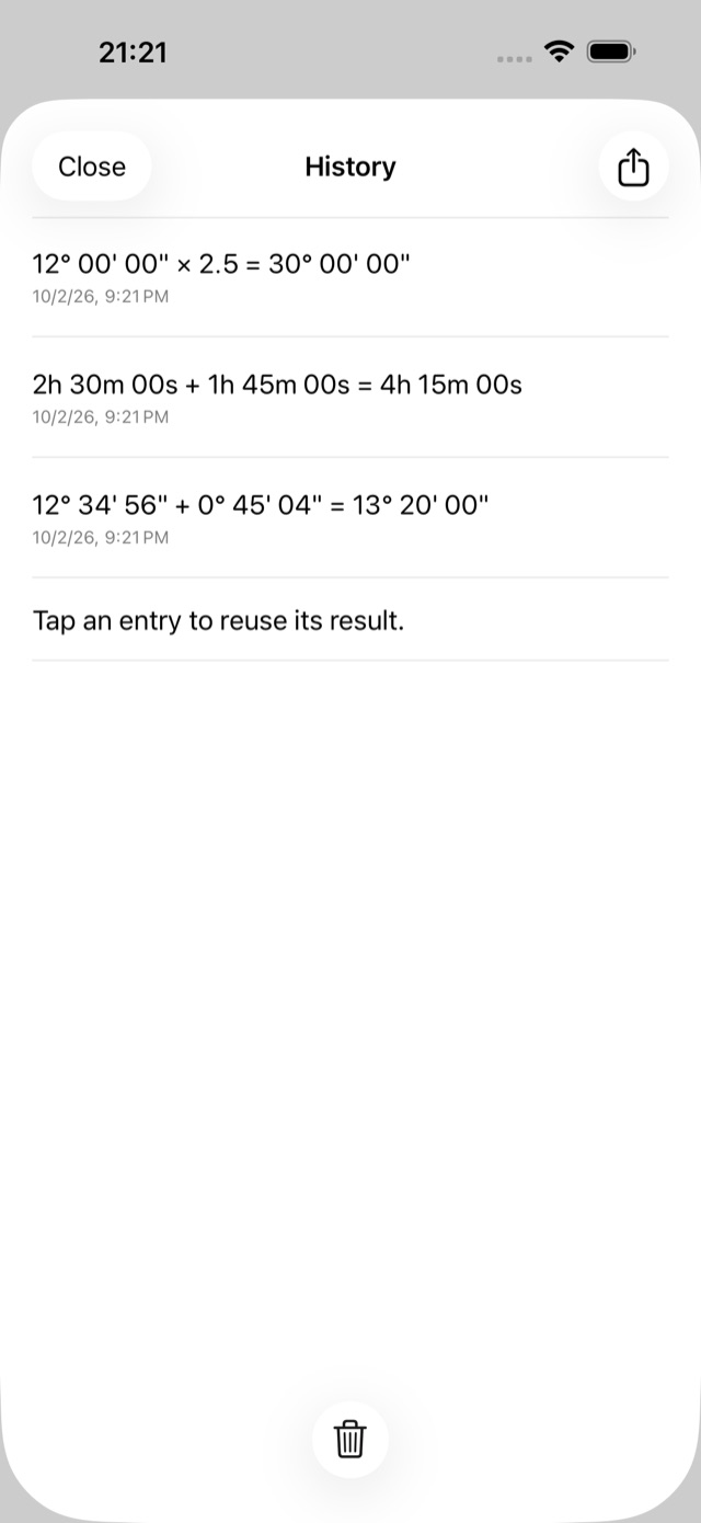 Calculation history with one-tap reuse of results