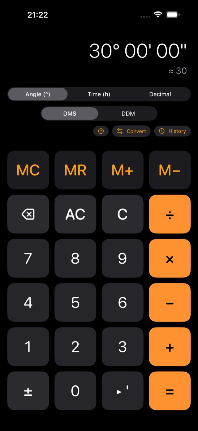 Sexagesimal calculator in dark theme