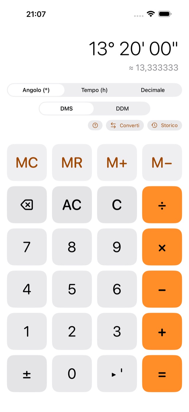 Sessagesimale su iPhone: calcolo di un angolo in gradi, primi e secondi con display decimale