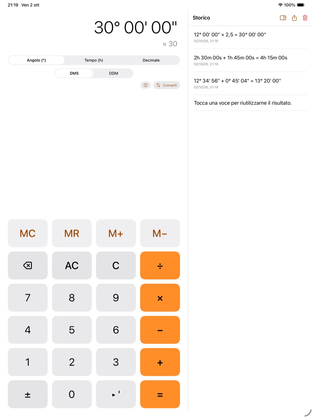 Sessagesimale su iPad con lo storico dei calcoli affiancato alla calcolatrice
